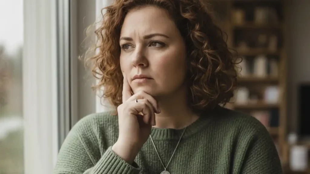 Young woman who is overweight and thinking