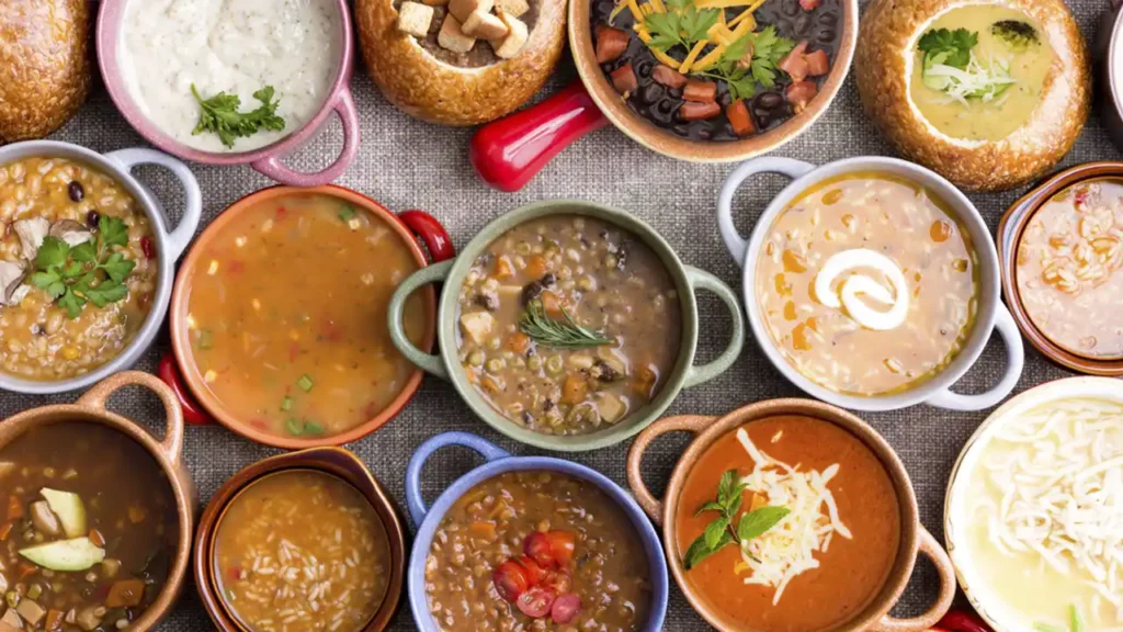 A table full of bowls of watery food