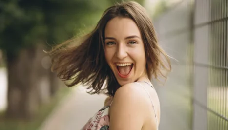 A woman who has lost weight and is laughing after enjoying the benefits of weight loss surgery